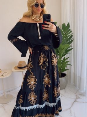 saia boho chic preto