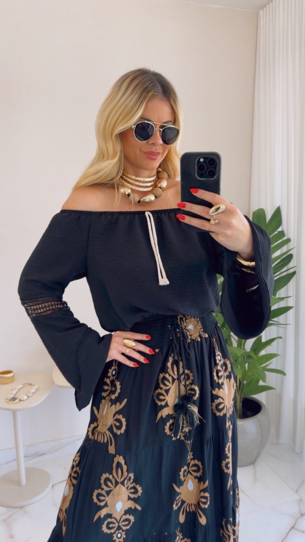 saia boho chic preto