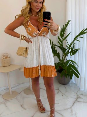 vestido boho chic croche laranja