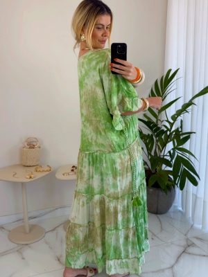 vestido boho chic luxo verde