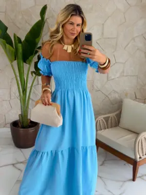 vestido longo azul