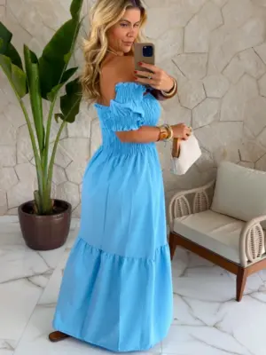 vestido longo azul