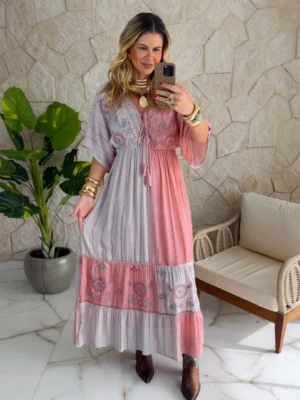 vestido boho chic flora rosa